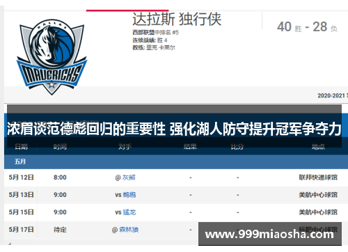 浓眉谈范德彪回归的重要性 强化湖人防守提升冠军争夺力